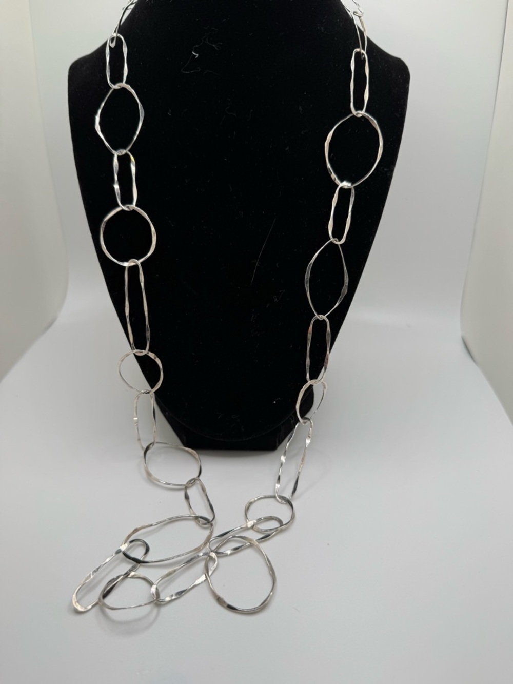 .925 Silver Linked Long Hammered Necklace - Modern Open Circle Design 34”
